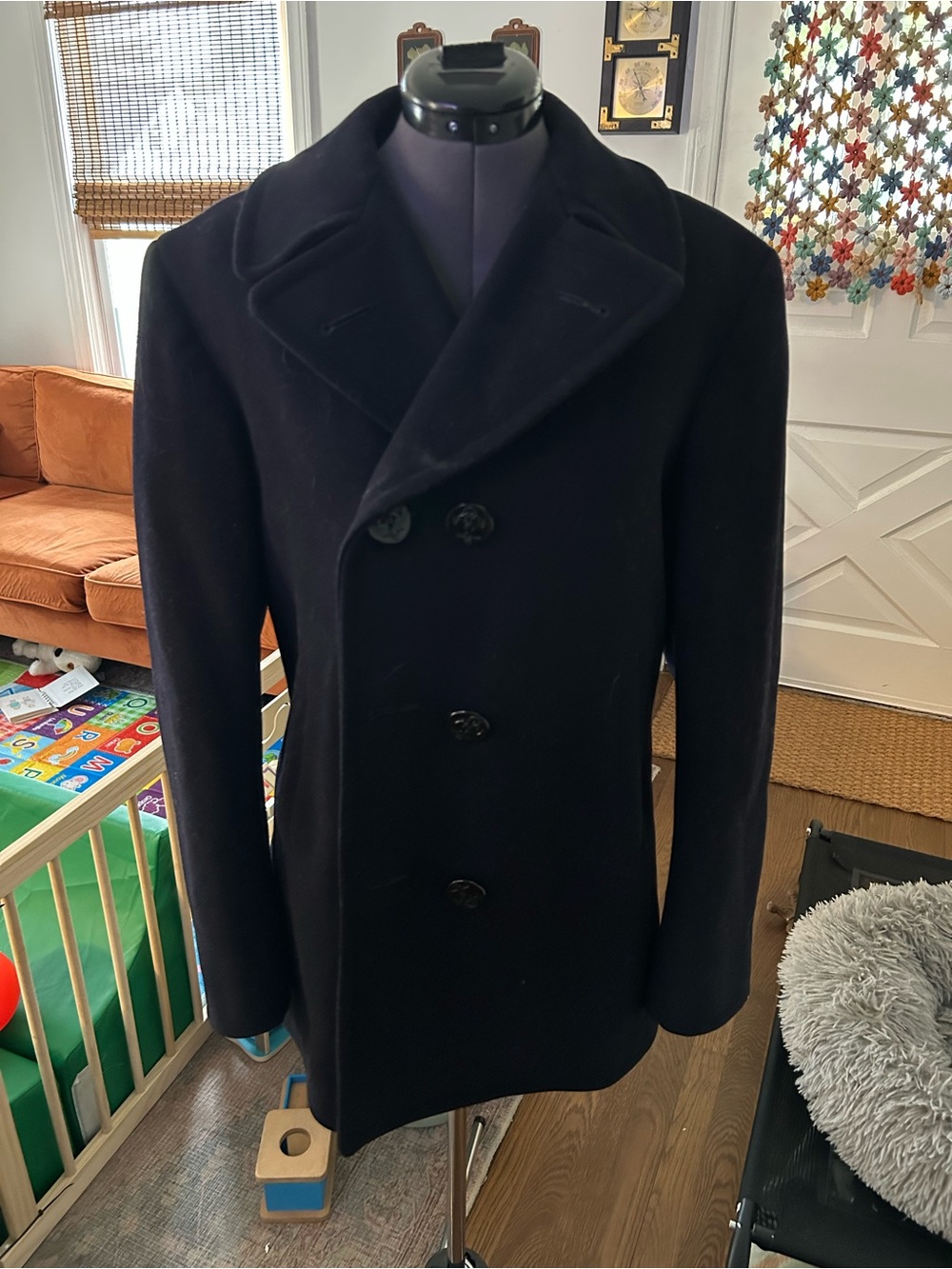 Men's Black Wool Double-Breasted Peacoat